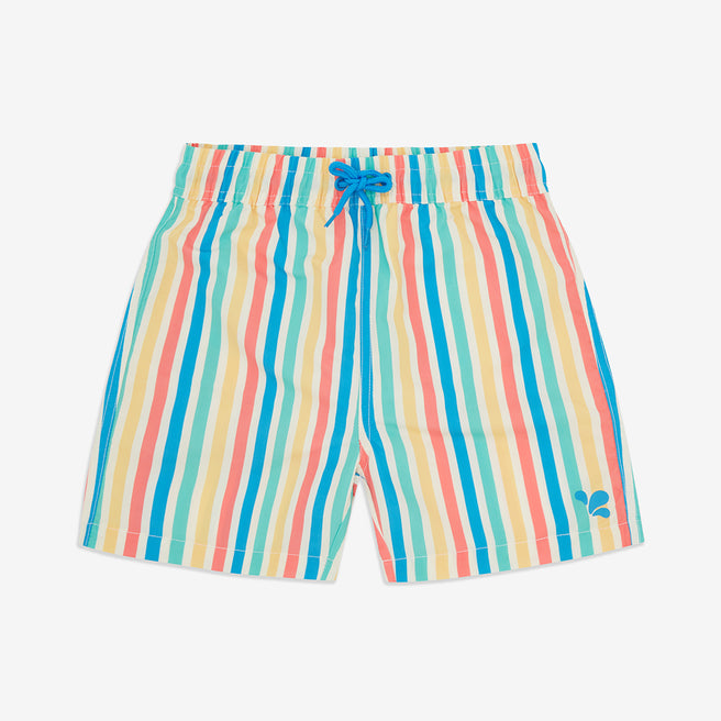 UV Protective Swim Shorts Multi Stripe, featuring vertical stripes in various colours, and a blue drawstring. Ideal for summer swimming.
